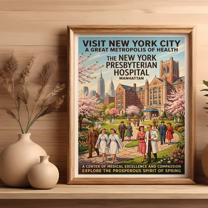 Vintage poster of The New York Presbyterian Hospital in Manhattan with people in spring.