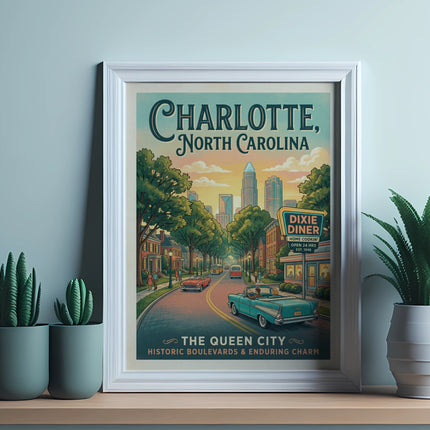 Vintage poster of Charlotte, North Carolina showing the skyline and Dixie Diner.