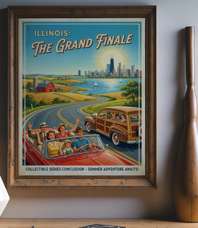 Illinois: The Grand Finale vintage travel poster with families in cars and Chicago skyline.
