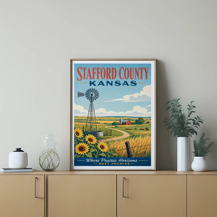 Stafford County Kansas poster with windmill, sunflowers, and farmhouse.