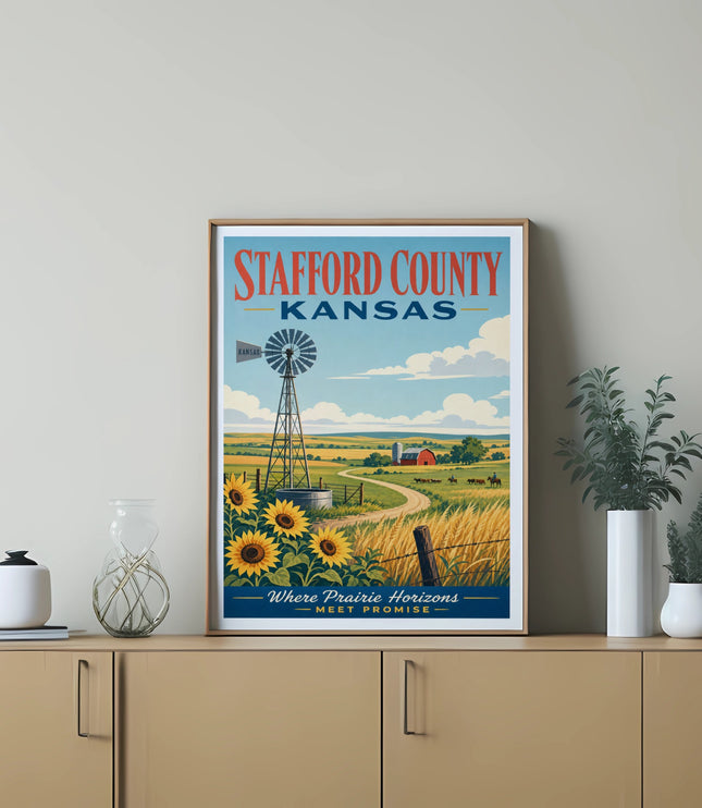 Stafford County Kansas poster with windmill, sunflowers, and farmhouse.