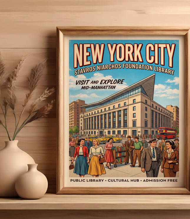 New York City Stavros Niarchos Foundation Library vintage poster with people.