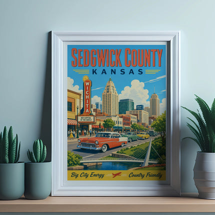 Framed vintage poster for Sedgwick County, Kansas, featuring Wichita cityscape and cars.