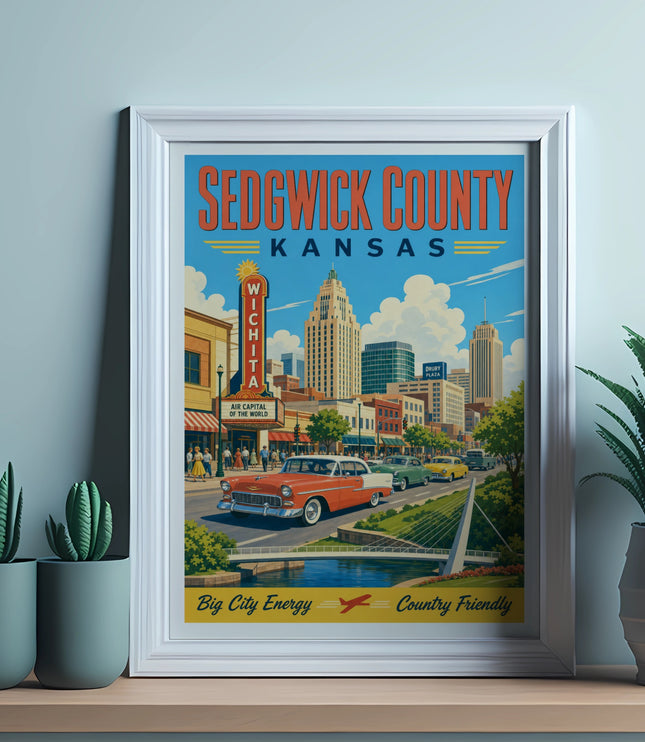 Framed vintage poster for Sedgwick County, Kansas, featuring Wichita cityscape and cars.