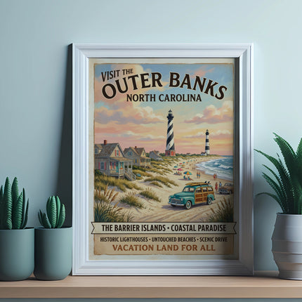 Outer Banks, North Carolina travel poster with lighthouses, beaches, and a vintage car.