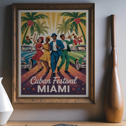 Retro poster of people dancing with vintage cars and palm trees in Miami.