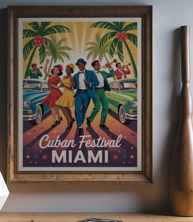 Retro poster of people dancing with vintage cars and palm trees in Miami.