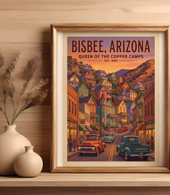 Bisbee, Arizona Queen of the Copper Camps est. 1880 poster with vintage trucks.