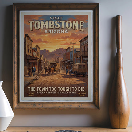 Vintage poster for Tombstone, Arizona, showing a western street scene with a horse-drawn carriage and text.