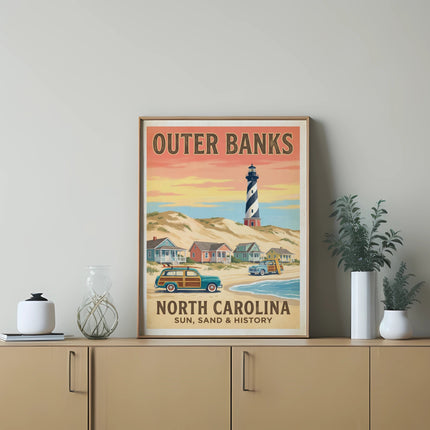 Outer Banks North Carolina vintage travel poster featuring a lighthouse and beach houses.