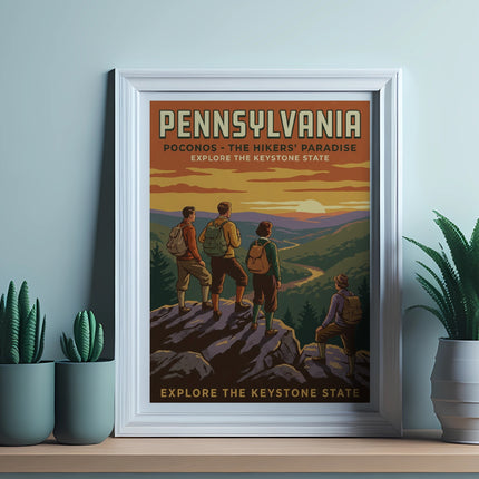 Pennsylvania Pocono Mountains hiking art print with three hikers on a cliff.