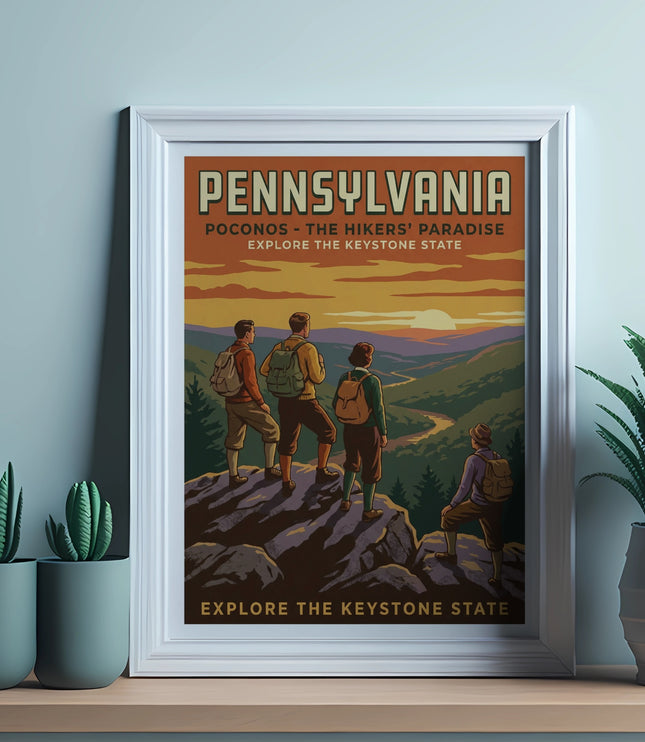 Pennsylvania Pocono Mountains hiking art print with three hikers on a cliff.