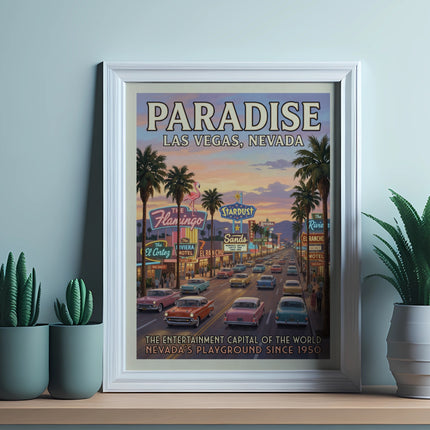 Poster of vintage Las Vegas with casinos, palm trees, and classic cars.