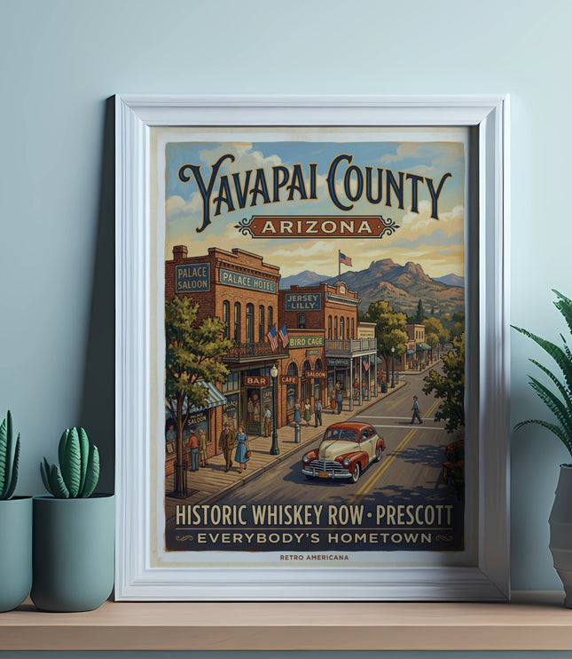 Yavapai County Arizona retro Americana poster with Historic Whiskey Row and Prescott.