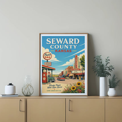 Seward County, Kansas vintage poster with gas station and cafe.