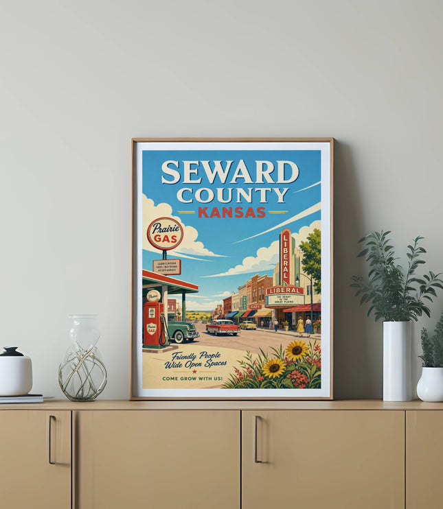 Seward County, Kansas vintage poster with gas station and cafe.