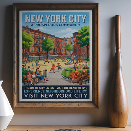 Vintage New York City travel poster depicting a park scene and community.