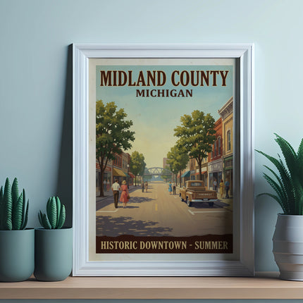 Midland County Michigan poster showing historic downtown with a vintage truck.