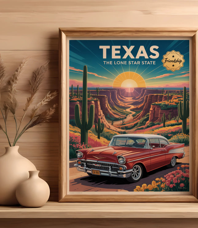 Framed Texas retro travel poster with desert landscape and vintage car.