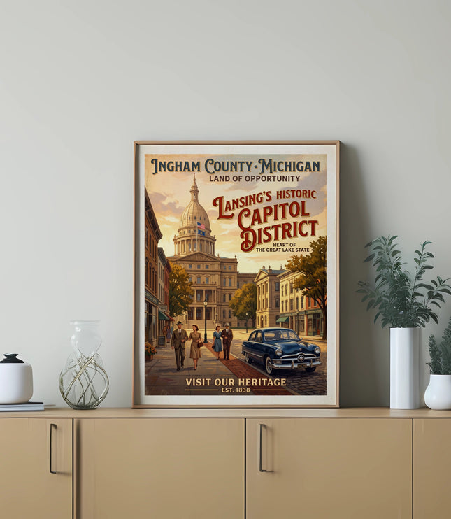 Ingham County Michigan Lansing's Historic Capitol District vintage travel poster.