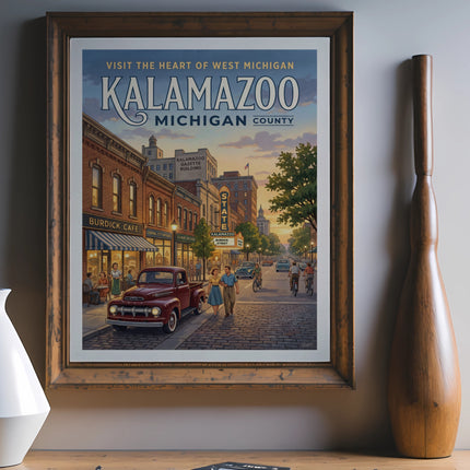 Retro illustration of Kalamazoo, Michigan street scene with vintage cars and people.