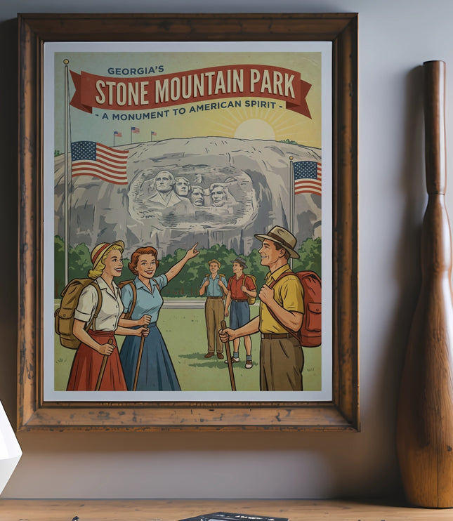 Poster of Stone Mountain Park with tourists and presidential carvings on the mountain.