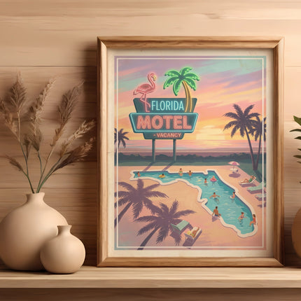 Retro Florida Motel poster with flamingo, palm trees, and swimming pool.