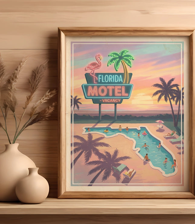 Retro Florida Motel poster with flamingo, palm trees, and swimming pool.