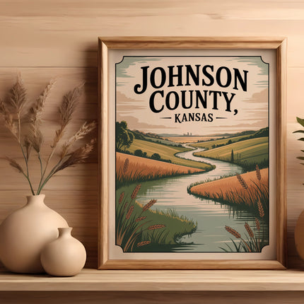 Framed artwork of a winding river through rolling hills in Johnson County, Kansas.