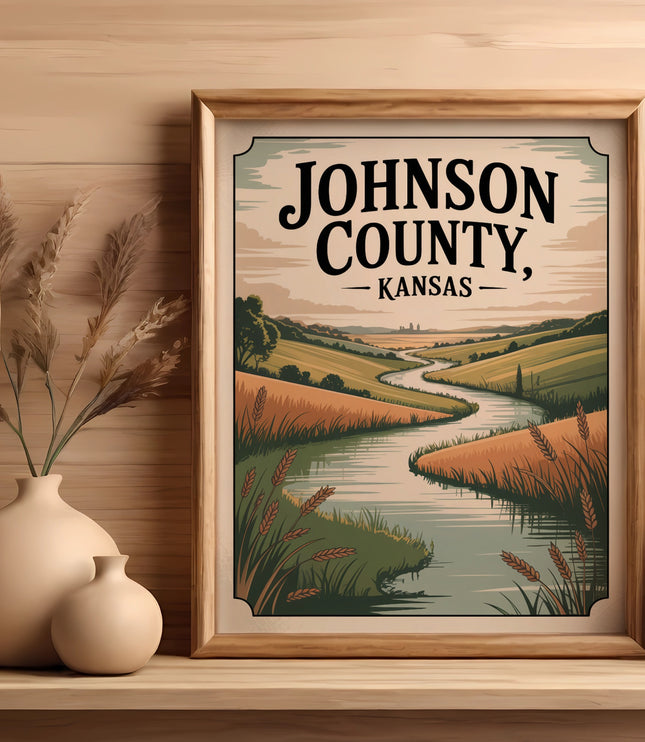 Framed artwork of a winding river through rolling hills in Johnson County, Kansas.