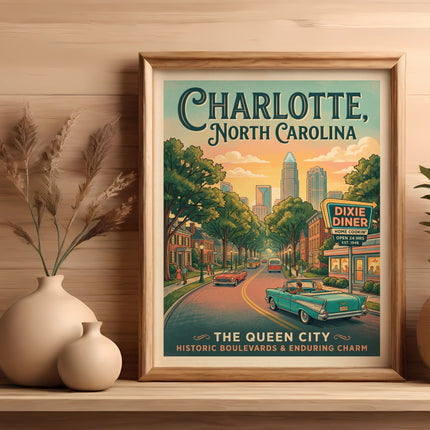 Vintage "Charlotte, North Carolina, The Queen City" art with Dixie Diner.