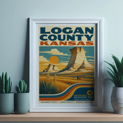 Logan County Kansas poster featuring Monument Rocks and text.