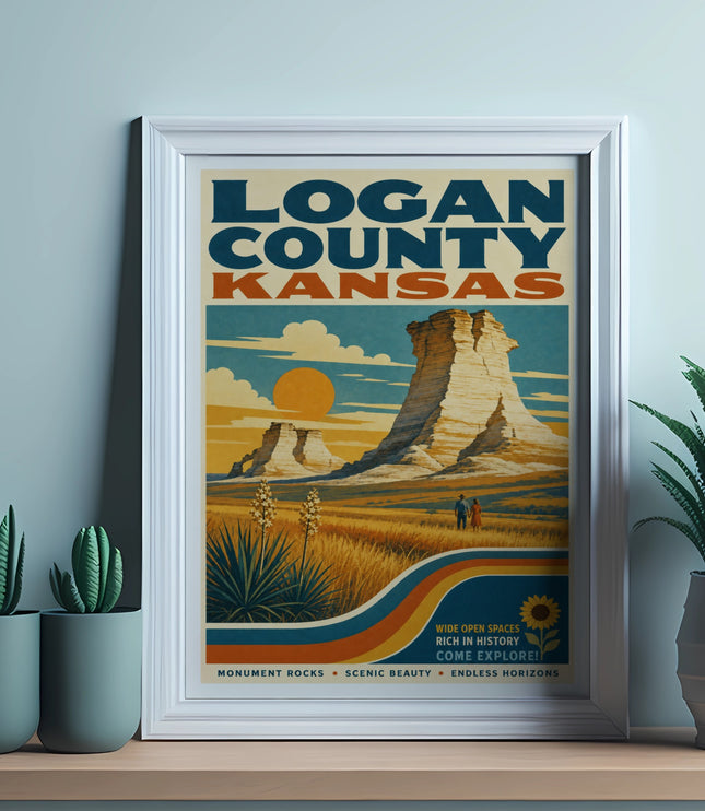 Logan County Kansas poster featuring Monument Rocks and text.