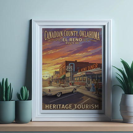 Poster of Canadian County, Oklahoma El Reno Route 66 with retro diner and car.