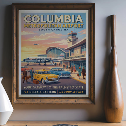 Columbia Metropolitan Airport retro travel poster with Delta plane, taxis, and people.
