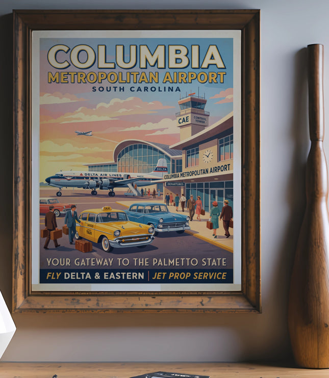 Columbia Metropolitan Airport retro travel poster with Delta plane, taxis, and people.
