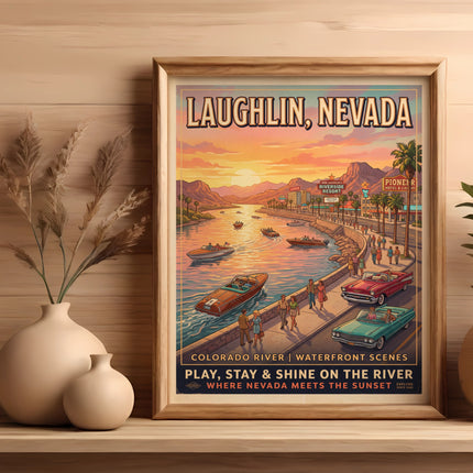 Laughlin, Nevada travel poster with Colorado River waterfront scenes and text.