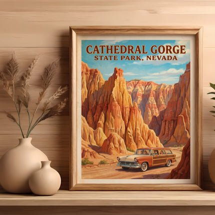 Vintage travel poster: Cathedral Gorge State Park, Nevada, with station wagon.