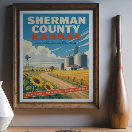 Sherman County Kansas vintage travel poster with silos and sunflowers.