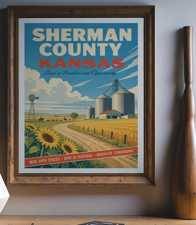 Sherman County Kansas vintage travel poster with silos and sunflowers.