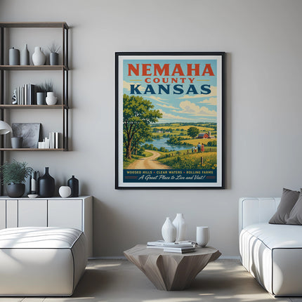 Nemaha County Kansas poster with text about wooded hills and farms.