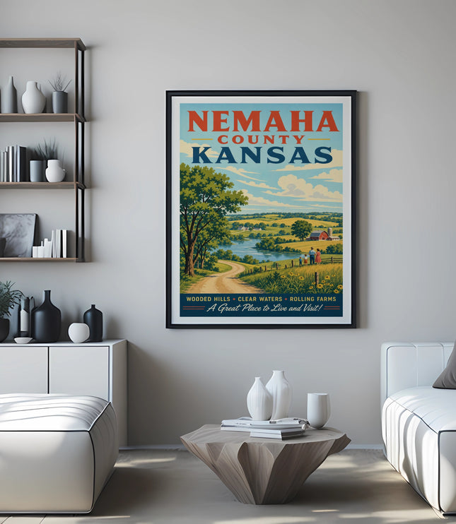 Nemaha County Kansas poster with text about wooded hills and farms.