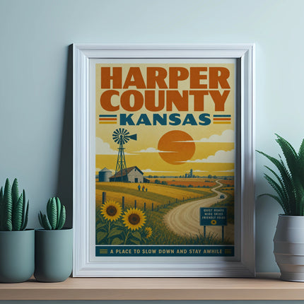 Harper County Kansas vintage travel poster with rural scene and text.