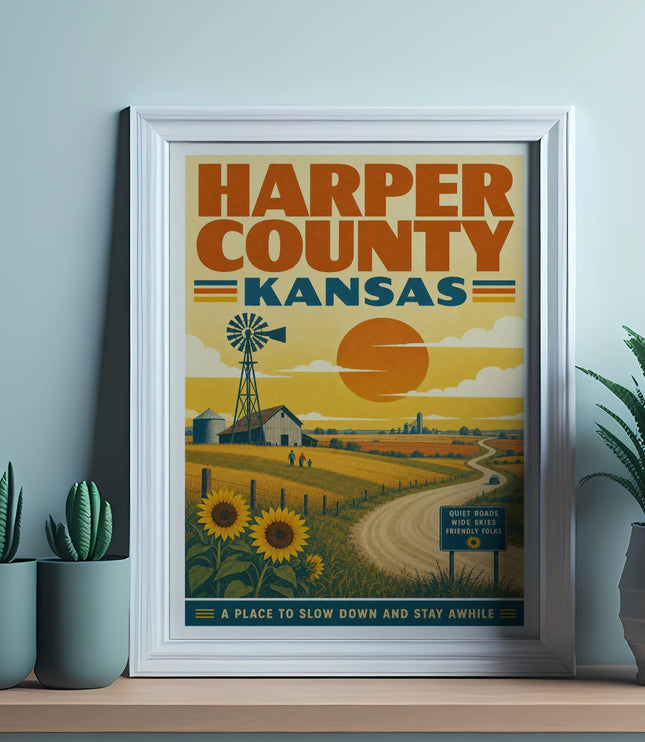 Harper County Kansas vintage travel poster with rural scene and text.
