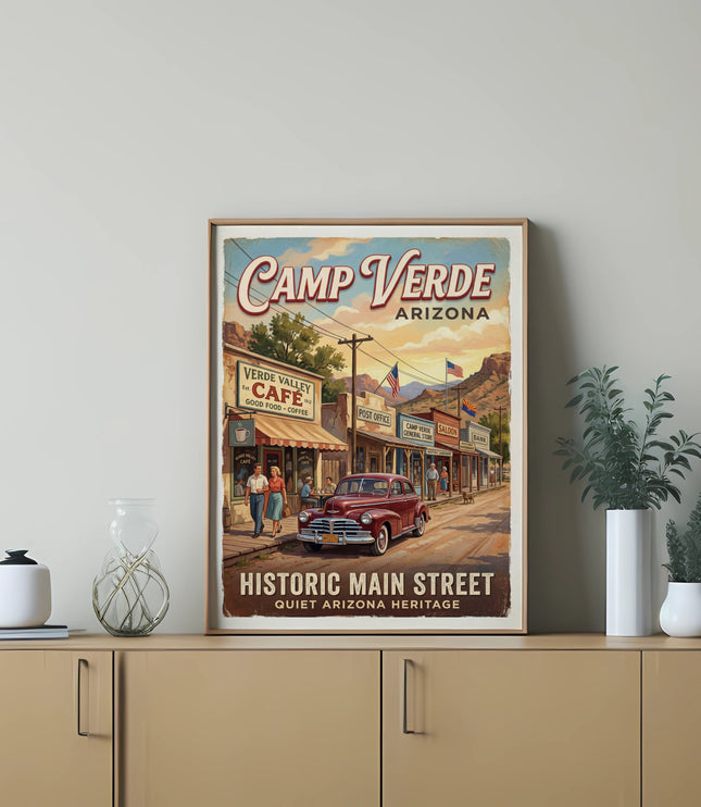 Camp Verde Arizona historic main street poster featuring vintage buildings and a classic car.