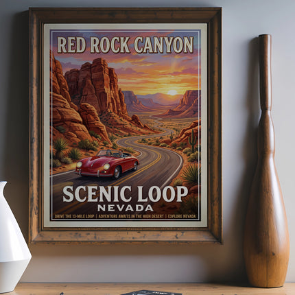 Vintage poster of Red Rock Canyon Scenic Loop, Nevada, with a red convertible.