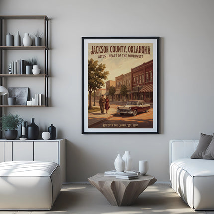 Jackson County, Oklahoma poster with couple and vintage car. "Discover the Charm. Est. 1907."