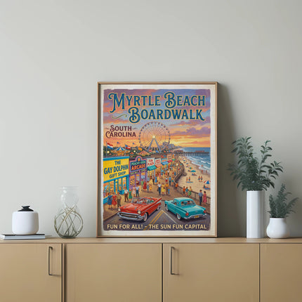 Myrtle Beach Boardwalk South Carolina vintage poster, featuring a Ferris wheel, pier, and classic cars.