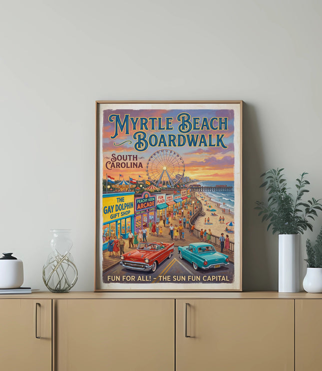 Myrtle Beach Boardwalk South Carolina vintage poster, featuring a Ferris wheel, pier, and classic cars.