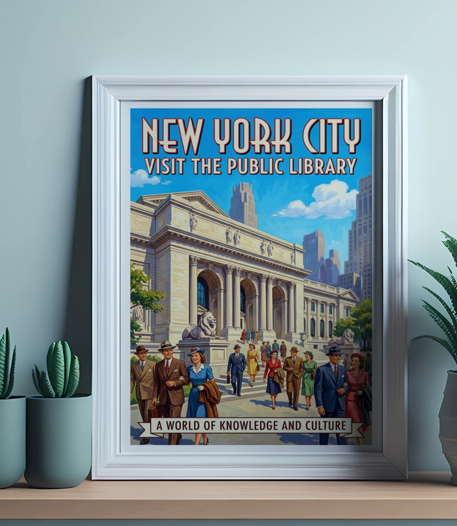 New York City poster visiting the Public Library with people and lions.